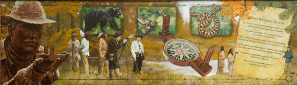 A mural depicting people conducting a land survey