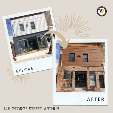 Before and after renovation of building facade 